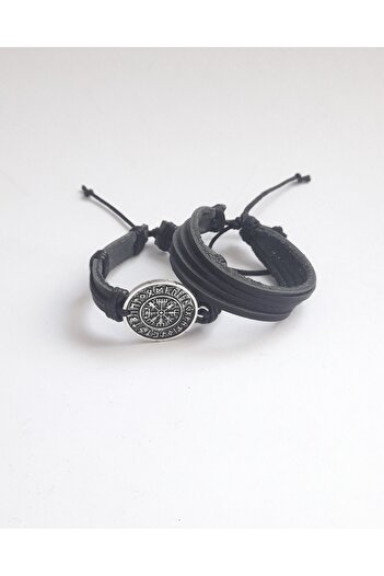 BSN Store 3 Pieces Genuine Leather Bracelet and Necklace Set with Compass and Axe Figures