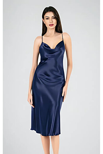 Bleu Petite Satin Fabric Degaje Long Nightgown