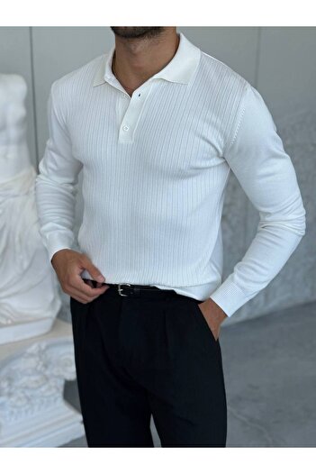 OKSHEN Men's Striped Patterned Buttoned Knit Sweater