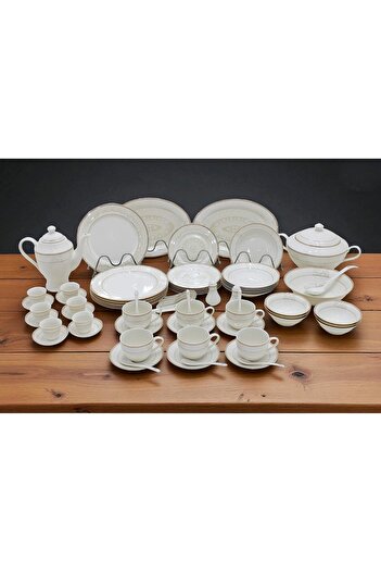 Al Nokhba 70 Pcs New Bone China Dinner Set with Gold Rim, bring an elegant sense of style to dining room,White