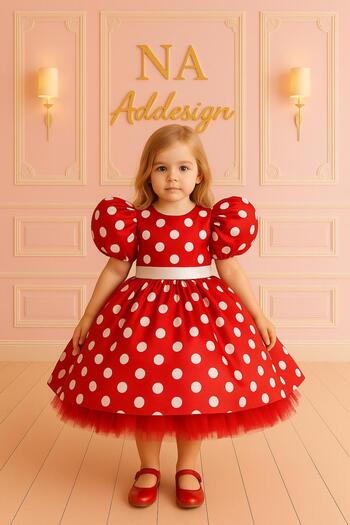 NA ADDESIGN Red Polka Dot Puffy Children's Dress – Balloon Sleeve & Bow Detail Party Dress