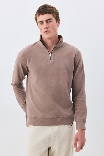 Trendiz Men's Standard Fit Cotton Thessaloniki Fabric Half Zipper Stand Collar Sweatshirt Camel