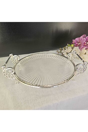 MaviDamla Cast Metal Frame Glass Presentation Plate Round 31.cm Silver