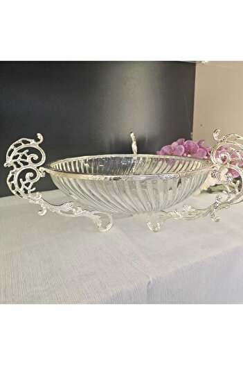 MaviDamla Cast Metal Frame Glass Presentation Bowl Round 30.cm Silver