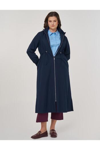 Kayra Hooded Stand Collar Cap Dark Navy Blue