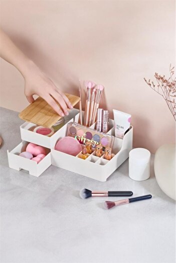 Bayev Liora Bamboo Makeup Organizer with Mirror Drawer - Jewelry Cosmetic Makeup Organizer with Movable Mirror