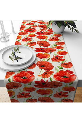 Else Dekor Red Poppy Flower Patterned Digital Printing Washable Decorative Runner 40X140Cm
