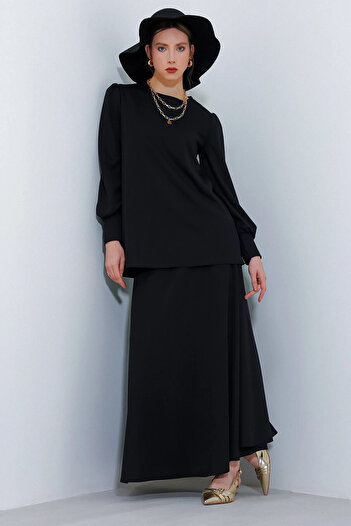 hazelin Women's Black Knitted Skirt Tunic Bottom Top Set Hzl25S-Bd180141