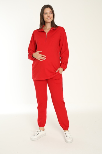 Miss Dünya Lissa Comfort Fit Collar Zipper Detail Adjustable Waist Maternity and Postpartum Tracksuit Set