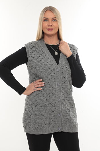 İKSUN Women's V-Neck Thick Wool Baklava Model Knitwear Buttoned Pocketed Winter Mother's Vest