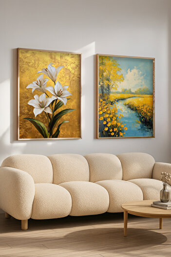 STARYUNA Wooden Framed Golden Background Lily Creek Landscape Oil Painting Effect Double Painting Set Yuna415