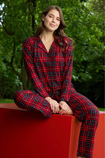 Pijamoni Women's Plaid Patterned Buttoned Front Red Pajama Set - 5660
