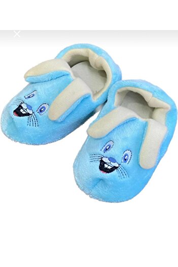 İpek moda çocuk mavi tavşanlı peluş kaydırmaz taban pofuduk ev ayakkabısı panduf