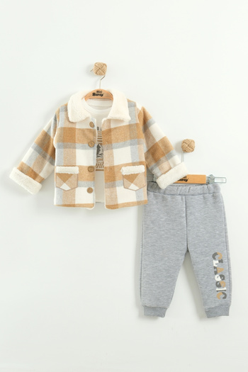 Mini Baray Boy's checkered jacket, sweatshirt and pants 3-piece set (2-3-4 years old)