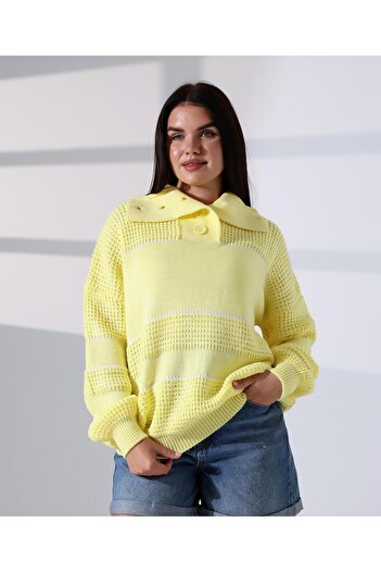 REDMİNA fashion Collared Buttoned Openwork Knitwear Sweater