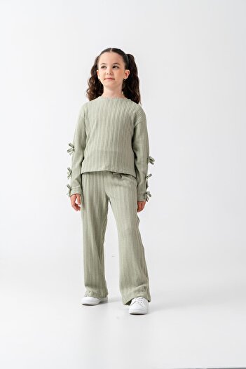 Magu Girl's Cotton Green Lace-Up Sleeve Detail Set – Straight Leg
