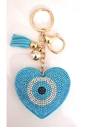 Svc Aksesuar Gift Stone Evil Eye Beaded Heart Keychain - Bag Ornament Light Blue 14X7 cm