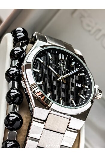 FERRO Men's Wristwatch, Silver Black Steel Band, Simple Stylish Model with Calendar, Double Bracelet