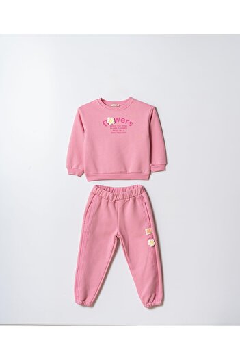 Magu Girl's Cotton Pink Flowers Embroidered Tracksuit Set – Floral Applique