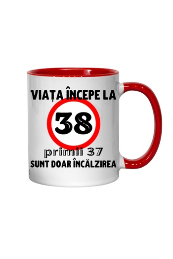 T&M Personalizare Personalized mug - Life begins at 38, red interior, 330 ml