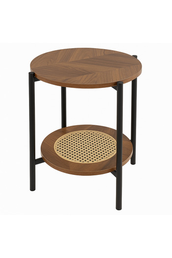 TSUMAB Round Wooden Side Table with 2-Tier Storage