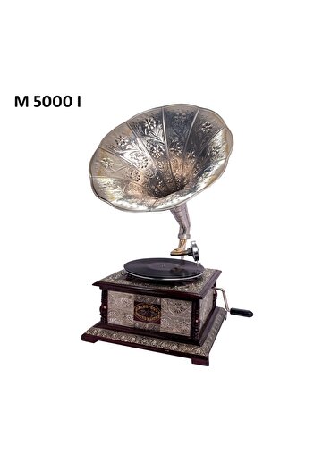 Zen Gramofon autentic din lemn decorat & pâlnie metalică gravată, 68 cm, retro antic