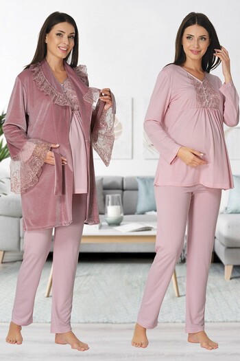 BLACKMORE Women's Powder Velvet Winter Lace Design Maternity Pajama Set with Dressing Gown 3-Piece Pajama Set