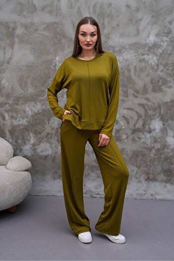 AGORATEKSTİL Women's Crystal Fabric Striped Top and Bottom Set Sweatshirt-Pants