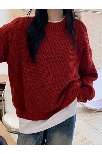 MODASPARK Kırmızı Bisiklet Yaka Oversize Kadın Triko Kazak