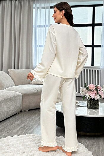 Imoda Women's White Front Tie-Up Long Sleeve Pajama Set with Ruffle Detail on Sleeves and Legs