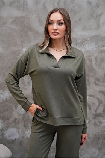 AGORATEKSTİL Women's Crystal Fabric Collar Stone Bottom Top Set Sweatshirt-Pants