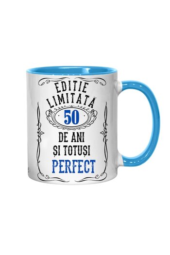 T&M Personalizare Cană personalizată - Ediție limitată 50 de ani și perfectă, interior albastru, 330 ml
