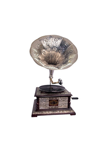 Zen Gramofon autentic din lemn decorat & pâlnie metalică gravată, 68 cm, retro antic
