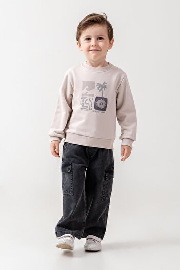 Magu Boys' Cotton Beige Printed Sweatshirt and Black Cargo Pants Set - Casual Comfortable Combination