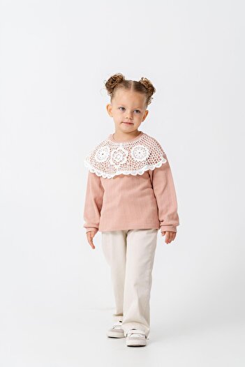 Magu Girls' Cotton Powder Pink Lace Collar Long Sleeve Blouse - Stylish Casual Style