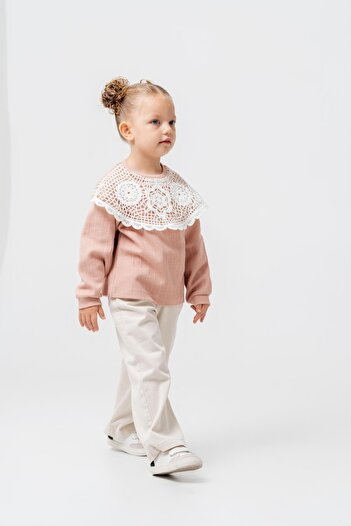 Magu Girls' Cotton Powder Pink Lace Collar Long Sleeve Blouse - Stylish Casual Style
