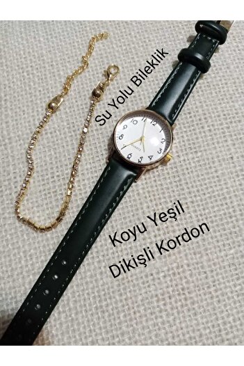 QUARTZ Vintage Retro Style Dark Green Strap Women's Wristwatch with Bracelet - Gold Case - 0060
