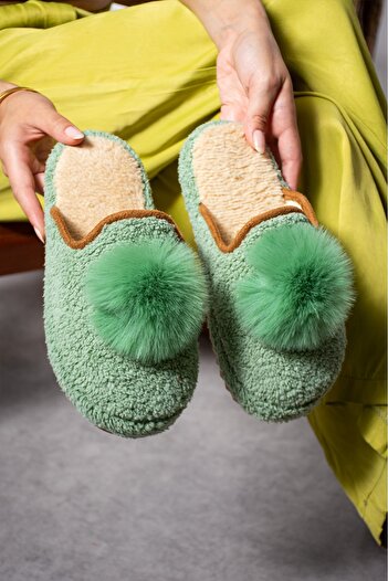Moda Devrin Green Ponpon Winter Women's Slippers