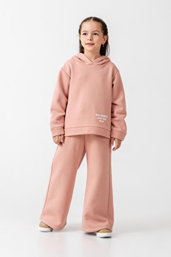 Magu Girls' Cotton Powder-Colored Hooded Sweatshirt and Wide-Leg Sweatpants Set