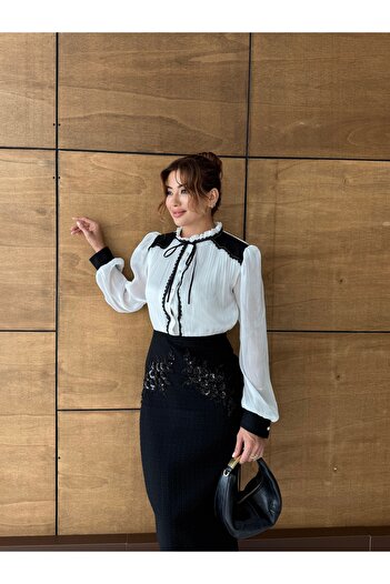 1Moda1Tarz Φόρεμα ειδικού σχεδιασμού με επένδυση από κορδέλα από ύφασμα τουίντ με κεντημένη πέτρα στο κάτω μέρος και ύφασμα Yoryo&Dantel από εξωτερική προέλευση
