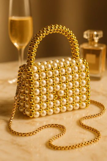 makeops Women Evening Dress Bag Pearl Stone Handcrafted Bag Crystal White Beaded Bag, White Pearl Beaded