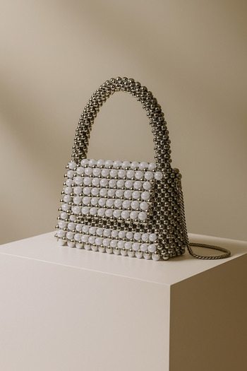 makeops Women Evening Dress Bag Pearl Stone Beading Handwork Bag Crystal Metallic Grey Beaded Bag