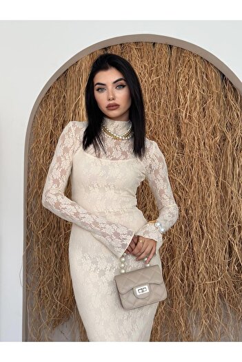 Julidress Krem Dik Yaka Astarlı Maxi Uzun Premium Dantel Elbise