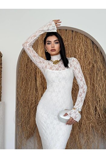 Julidress Λευκό φόρεμα με ψηλό γιακά με επένδυση Maxi Long Premium Lace