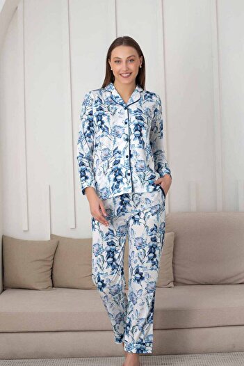 ALİMER Floral Patterned Women's Pajama Set - Buttoned All over Lycra Viscose