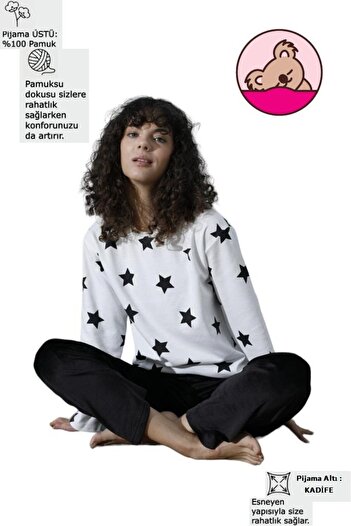 Mihra Women's Crew Neck Drop Shoulder Interlock Cotton Top Velvet Bottom Winter Pajamas Tracksuit Set