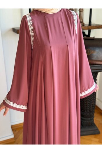 Navra Abaya Kol Nakışlı Medine İpeği Elbise Nsr5060 koyu gül kurusu