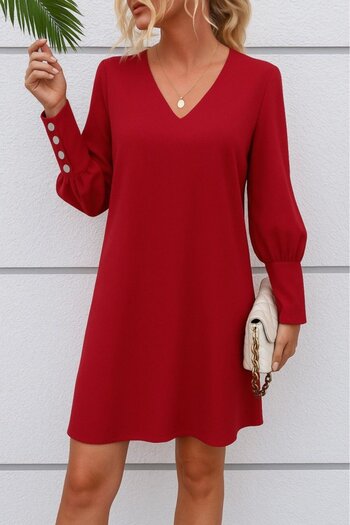 Masspera Women's V-Neck Long Sleeve Button Detailed Mini Imported Crepe Dress