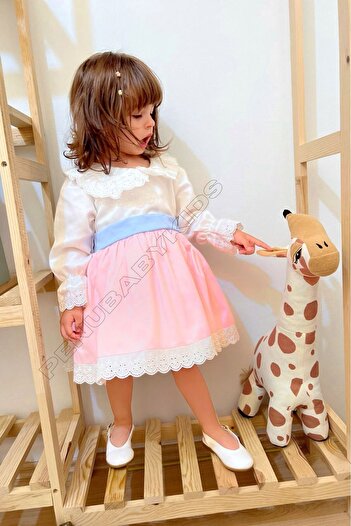 penu baby kids Pembe Etek Mavi Kemerli Pamuk Saten Uzun Kollu Dantelli Kız Çocuk Kız Bebek Elbise