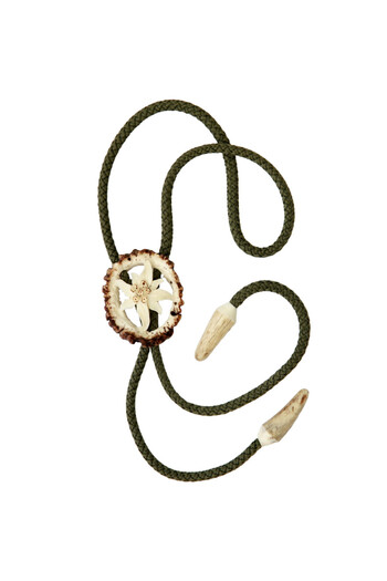 Handmade Bolo tie carved from Carpathian deer antler with edelweiss motif, white